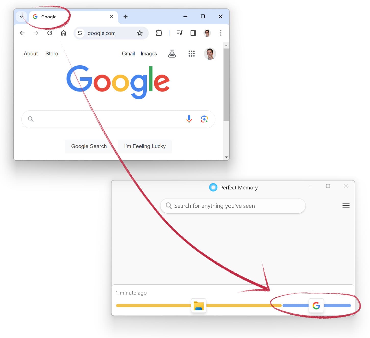 Perfect Memory AI recognizes Google and shows the icon in the timeline view