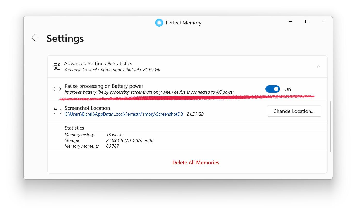 Pause on battery power setting