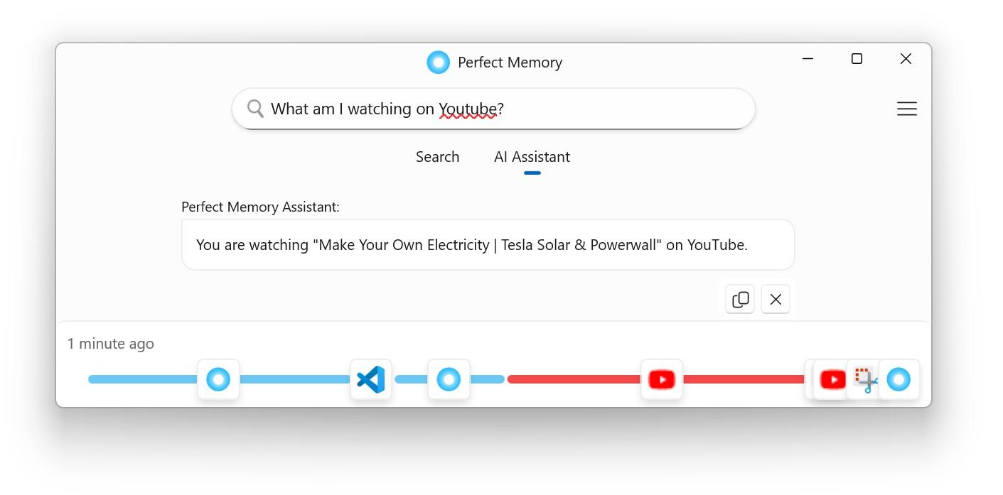 Perfect Memory AI answering what am I watching on youtube