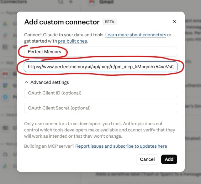 Adding the Perfect Memory connector to Claude Desktop