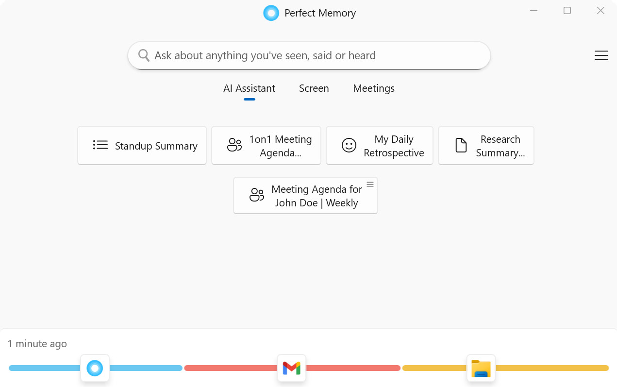 Perfect Memory AI main screen with AI assistant